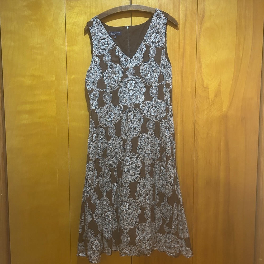 Jones New York Dress Womens 14 Brown Sleeveless Vneck Midi Elegant Boho Office